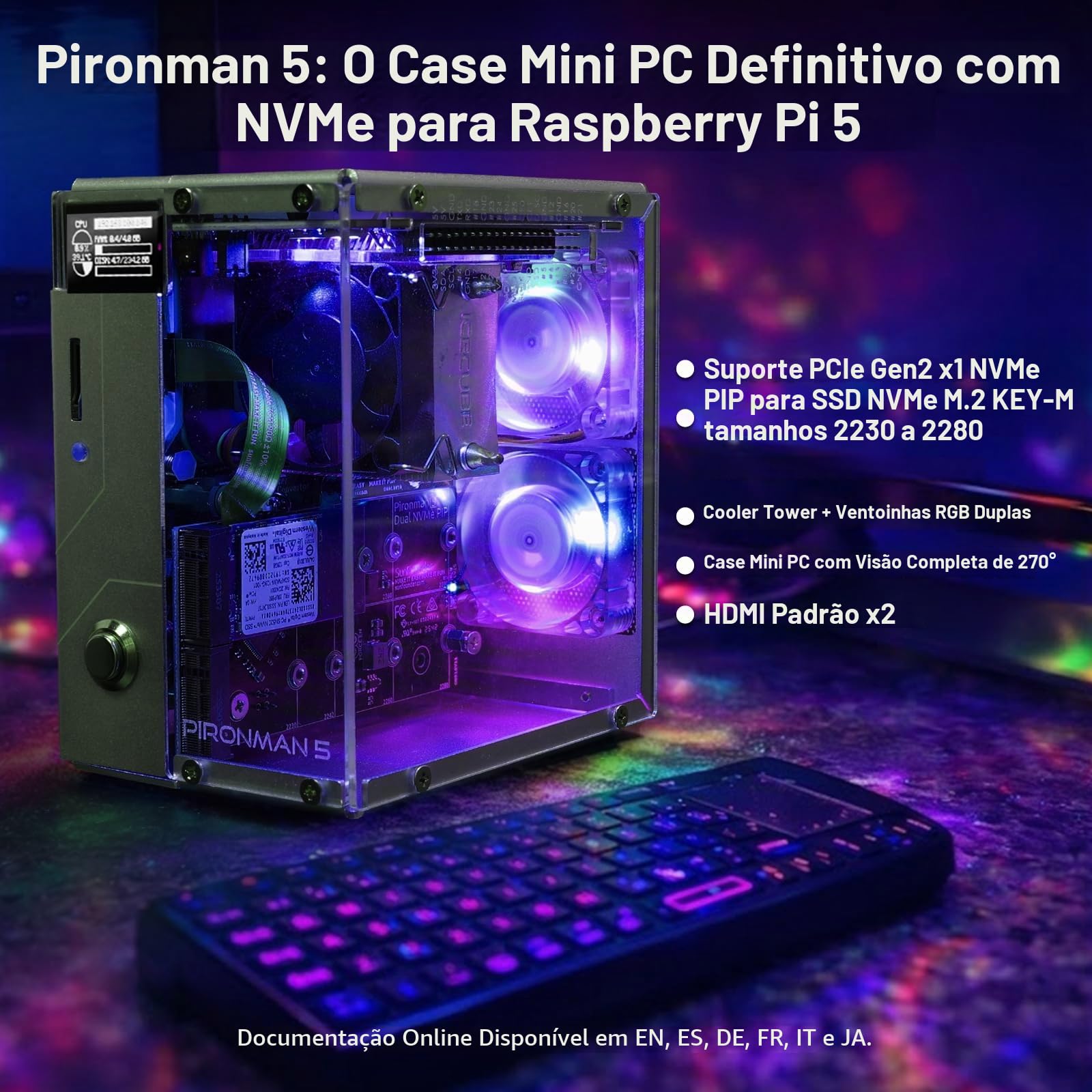 Raspberry Pi 5(pironman5)フルセット Pironman 5 NVMe M.2 SSD PCIe 2.0/3.0 Mini PC Case para Raspberry Pi 5